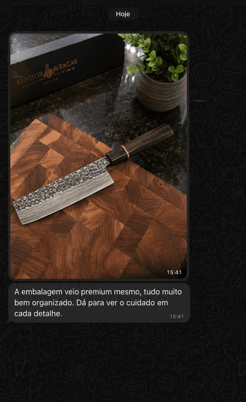 Print da conversa: A embalagem veio premium mesmo, tudo muito bem organizado. Dá para ver o cuidado em cada detalhe.