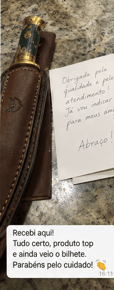 Print da conversa: Recebi aqui! Tudo certo, produto top e ainda veio o bilhete. Parabéns pelo cuidado!