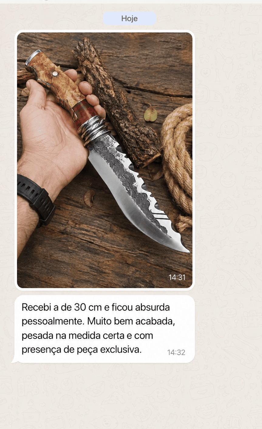 Print da conversa: Recebi a de 30 cm e ficou absurda pessoalmente. Muito bem acabada, pesada na medida certa e com presença de peça exclusiva.